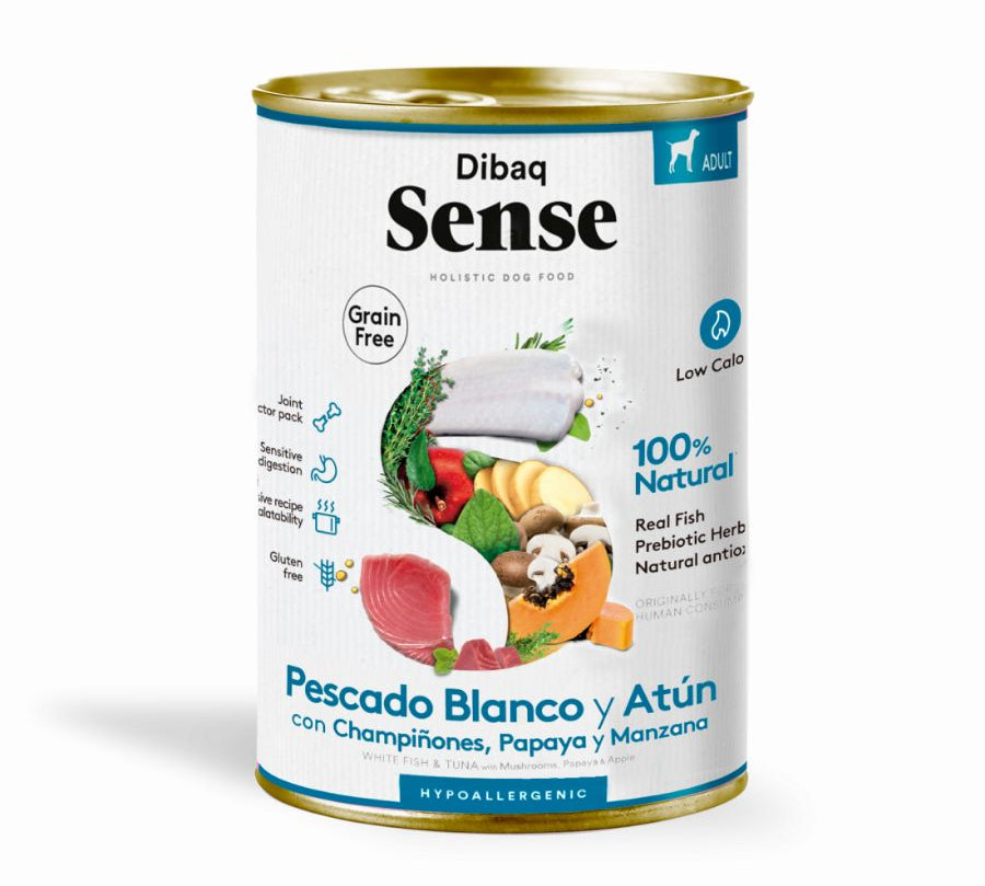 Dibaq Sense Lata para Perros Merluza y Atún receta hipoalergénica sin carne ni cereales, ideal para perros con digestión sensible.