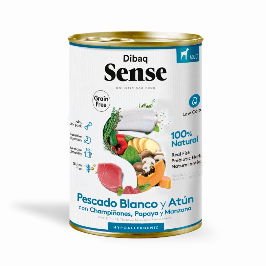 Dibaq Sense Lata para Perros Merluza y Atún receta hipoalergénica sin carne ni cereales, ideal para perros con digestión sensible.
