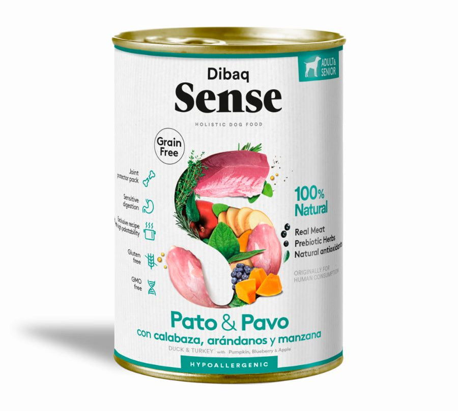 Dibaq Sense Lata para Perros Senior Pato y Pavo Light alimento húmedo natural, bajo en calorías, ideal para perros mayores o con sobrepeso.