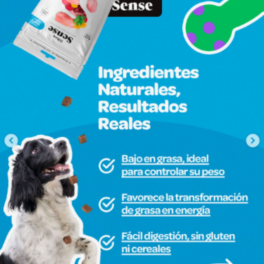 Snack Funcional Light Weight de Pavo Dibaq Sense, bajo en grasa y con L-Carnitina, ideal para perros con sobrepeso. ¡Controla su peso de forma natural!