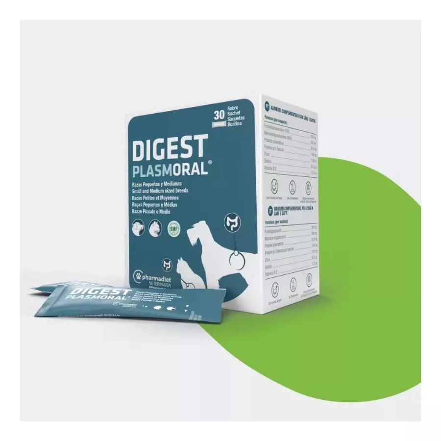 Digest Plasmoral Razas Pequeñas y Medianas 🐶🐱, suplemento sin alérgenos que apoya la salud intestinal e inmunitaria en perros pequeños y gatos.