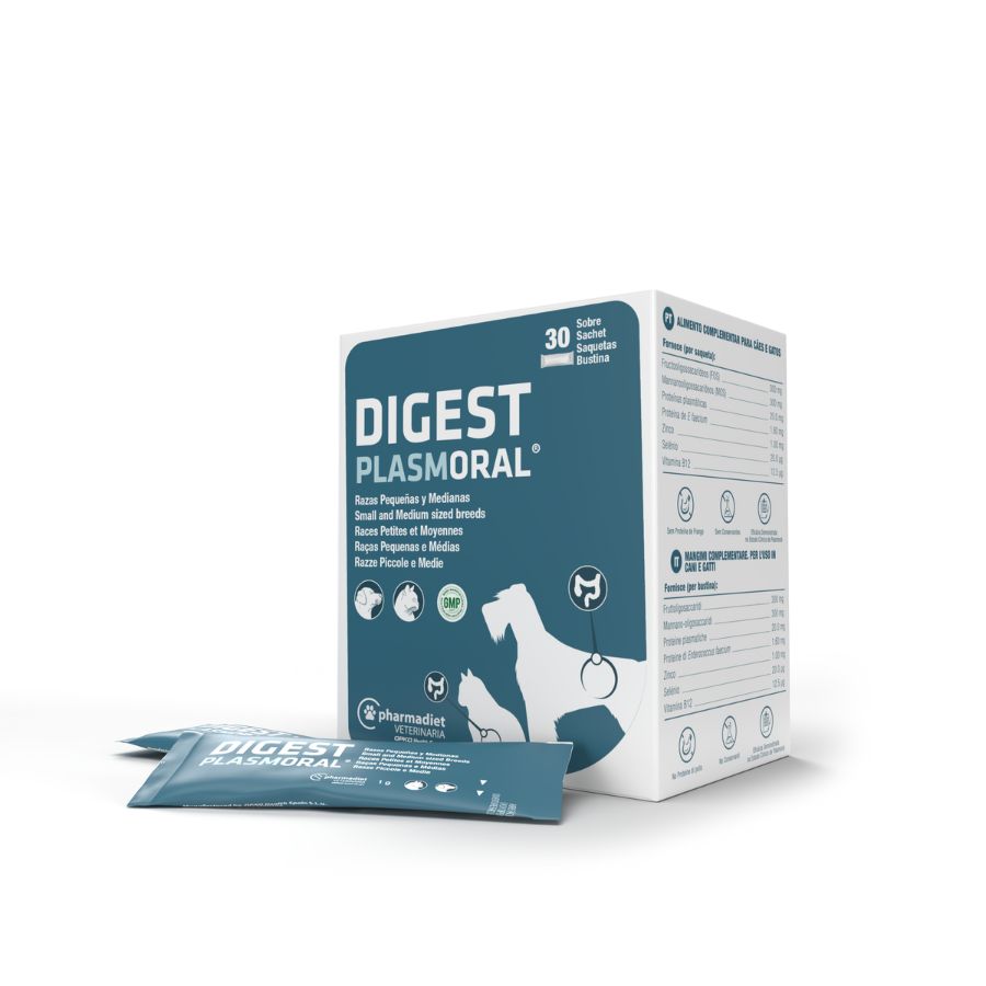 Digest Plasmoral Razas Pequeñas y Medianas 🐶🐱, suplemento sin alérgenos que apoya la salud intestinal e inmunitaria en perros pequeños y gatos.