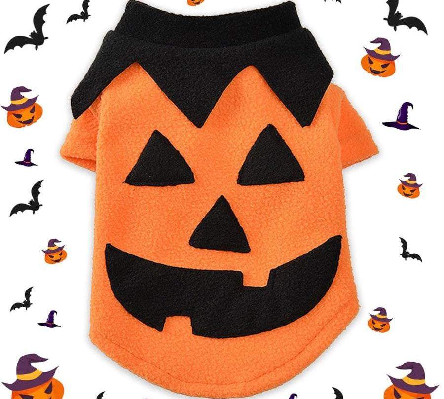 Disfraz de Calabaza para Perros y Gatos 🎃, hecho con forro polar suave y diseño festivo. ¡Perfecto para Halloween y ocasiones especiales!
