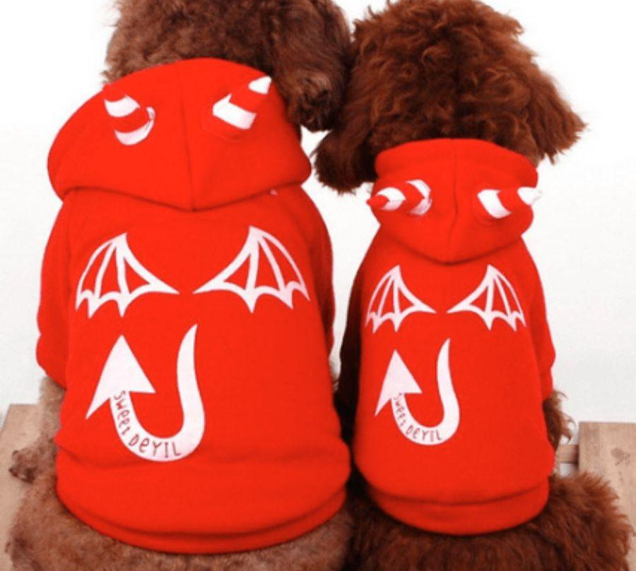 Disfraz de Diablo para Perros y Gatos 😈, hecho con material polar suave y con detalles que brillan en la oscuridad. ¡Perfecto para Halloween y fiestas!