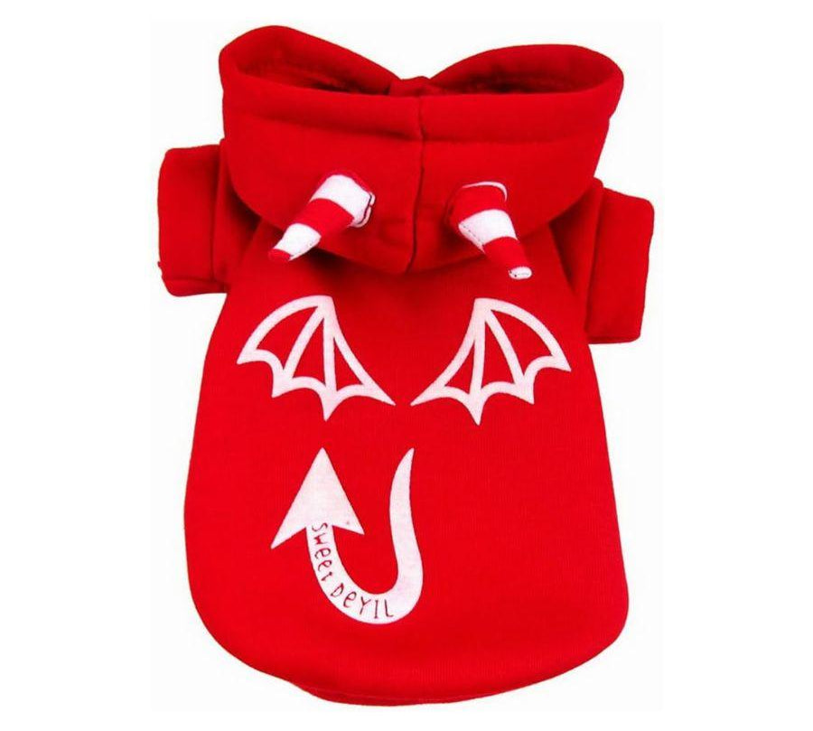 Disfraz de Diablo para Perros y Gatos 😈, hecho con material polar suave y con detalles que brillan en la oscuridad. ¡Perfecto para Halloween y fiestas!