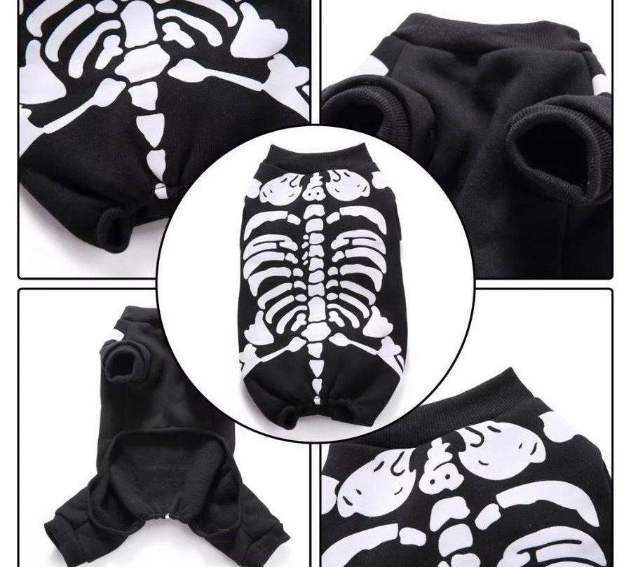 Disfraz de Esqueleto para Perros y Gatos 🦴, con patrón que brilla en la oscuridad. Ideal para Halloween y fiestas. ¡Haz que tu mascota destaque!