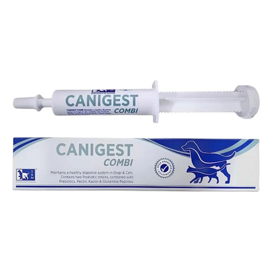 Contenido de la caja de Canigest Combi 32 ml: la jeringa dosificadora apoyada sobre su envase