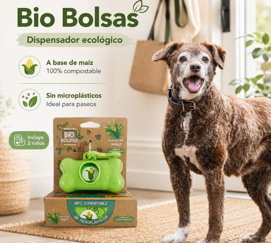 Dispensador de Bio Bolsas Marben Pets: Práctico y ecológico para paseos. Incluye bolsas 100% biodegradables de almidón de maíz. Compromiso con el medio ambiente.