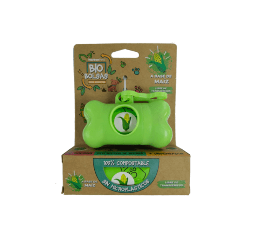 Dispensador de Bio Bolsas Marben Pets: Práctico y ecológico para paseos. 🌱 Incluye bolsas 100% biodegradables de almidón de maíz. Compromiso con el medio ambiente.