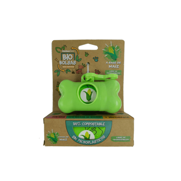 Dispensador de Bio Bolsas Marben Pets: Práctico y ecológico para paseos. Incluye bolsas 100% biodegradables de almidón de maíz. Compromiso con el medio ambiente.