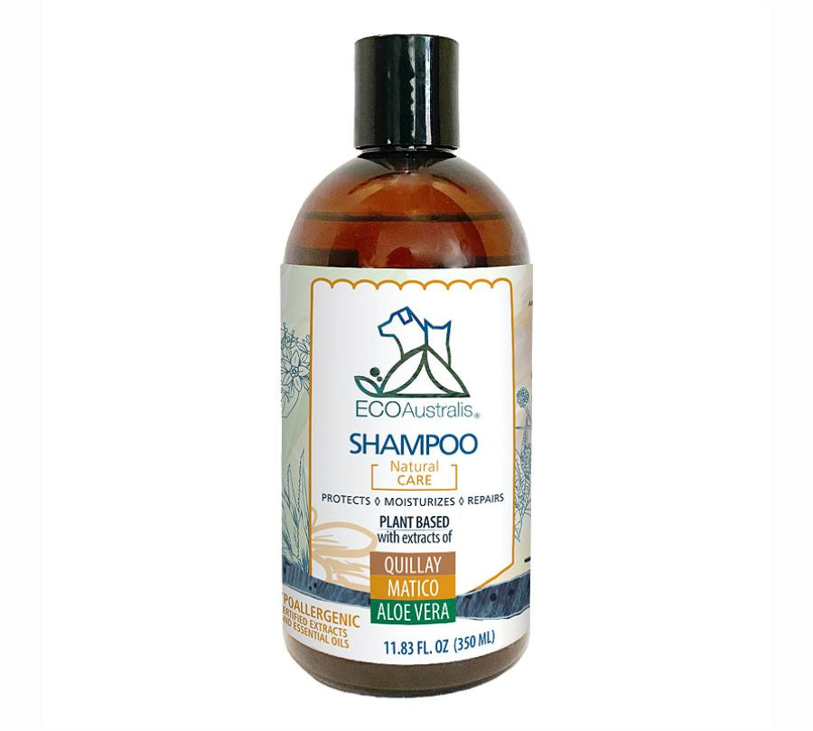 Ecoaustralis Shampoo Hipoalergénico Natural Quillay Matico Aloe 350 mL, ideal para piel sensible. Limpia, hidrata y calma con más del 97% de ingredientes naturales.