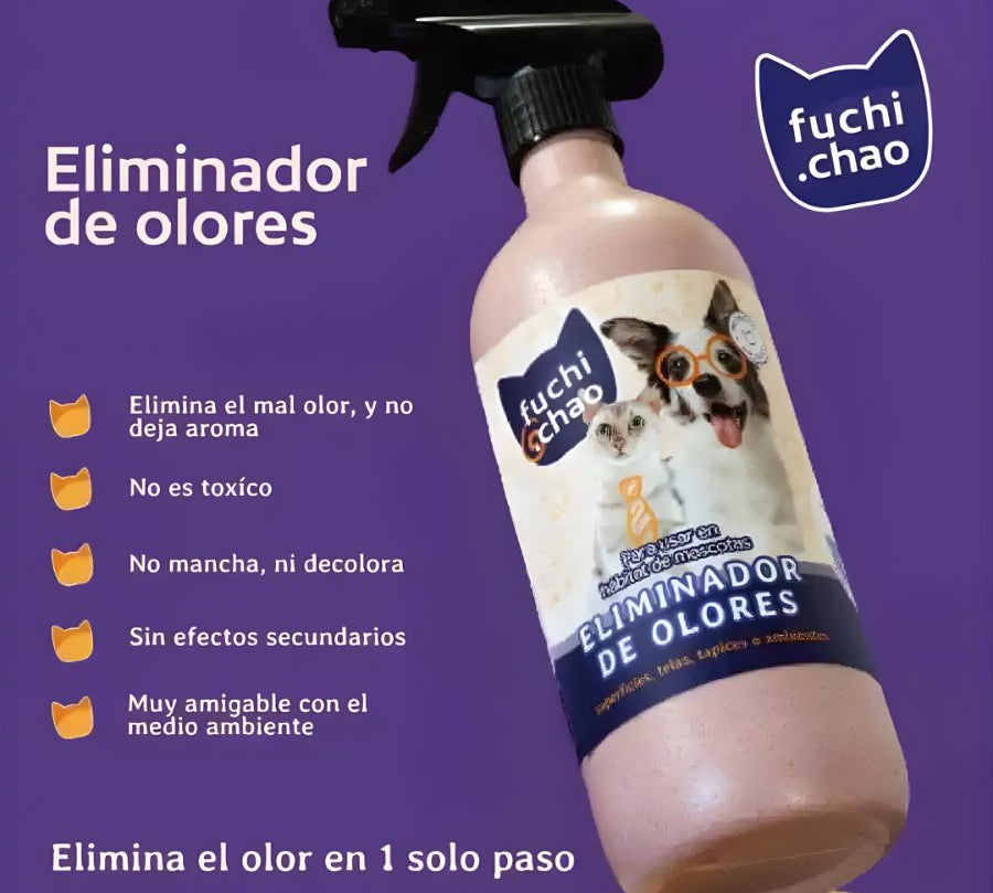 Eliminador de Olores Fuchi Chao con Dispensador 700 ml elimina los malos olores de manera efectiva y segura. Un ambiente fresco y limpio para tus mascotas