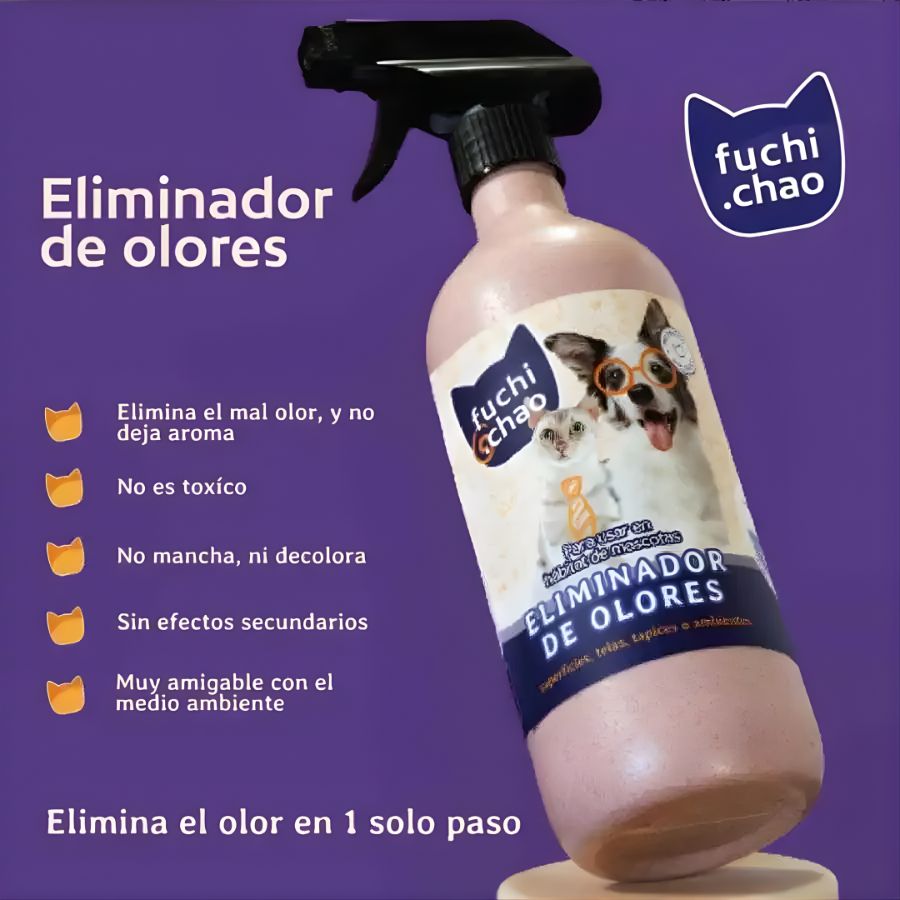 Eliminador de Olores Fuchi Chao con Dispensador 700 ml elimina los malos olores de manera efectiva y segura. Un ambiente fresco y limpio para tus mascotas