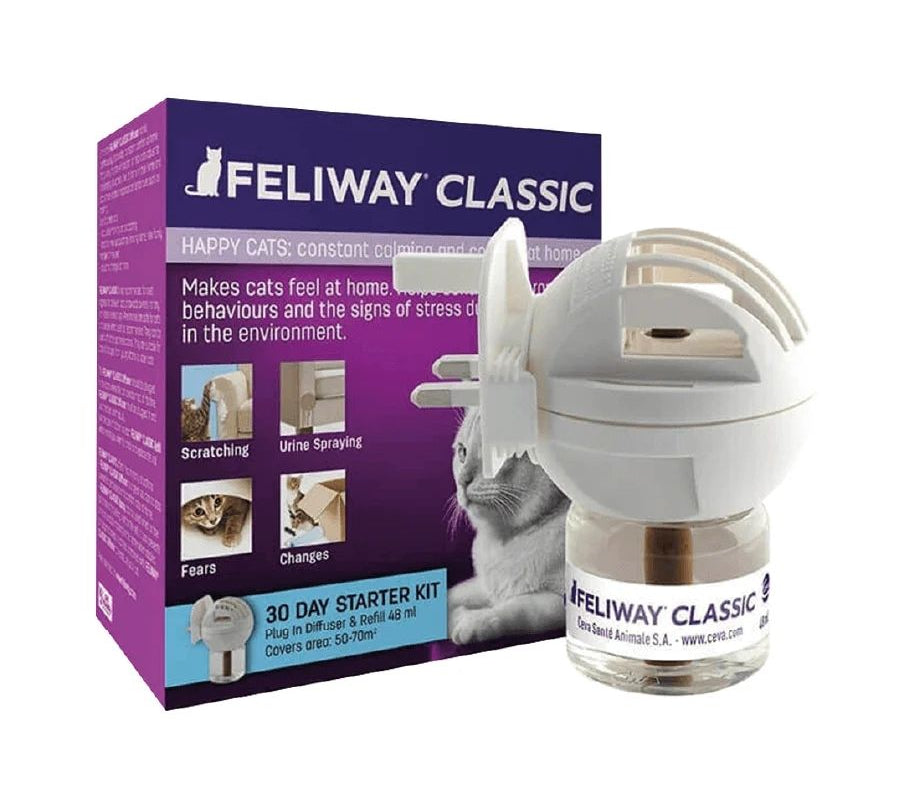 Feliway Classic Difusor + Repuesto 48 ML ayuda a reducir el estrés, previene el marcaje urinario y mejora la convivencia con tu gato en casa.