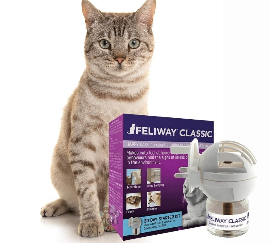 Feliway Classic Difusor + Repuesto 48 ML ayuda a reducir el estrés, previene el marcaje urinario y mejora la convivencia con tu gato en casa.