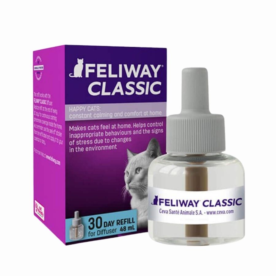 Feliway Classic Repuesto 48 ML ayuda a mantener la calma de tu gato, reduciendo el estrés y promoviendo un ambiente seguro durante todo el mes.