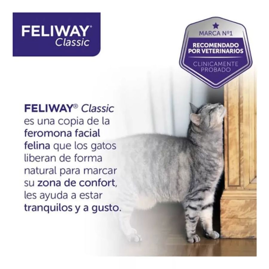 Feliway Classic Spray 60ml 🐱 reduce el estrés en gatos durante viajes y en casa. Ideal para prevenir marcaje por orina o arañazos. Fácil y seguro de usar.