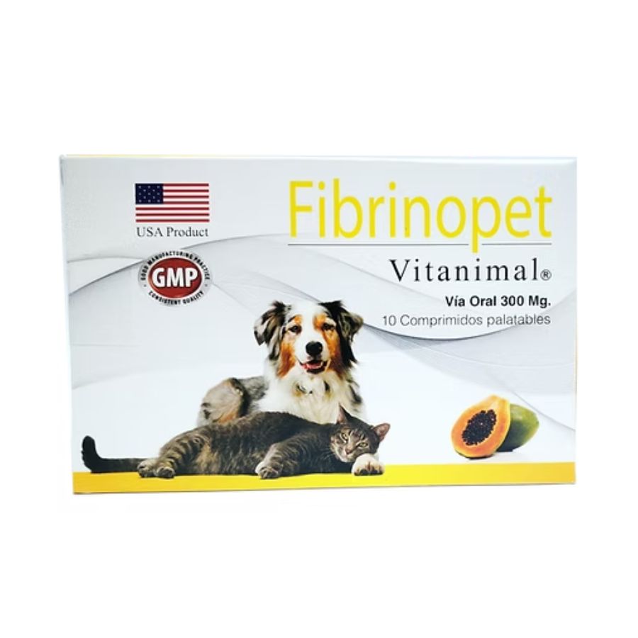 Fibrinopet 300 mg 10 comprimidos, antiinflamatorio natural con extracto de papaya, ideal para reducir edemas y mejorar la recuperación.