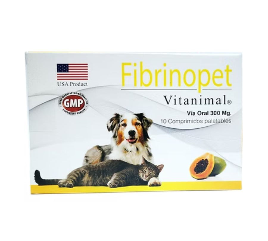 Fibrinopet 300 mg 10 comprimidos, antiinflamatorio natural con extracto de papaya, ideal para reducir edemas y mejorar la recuperación.