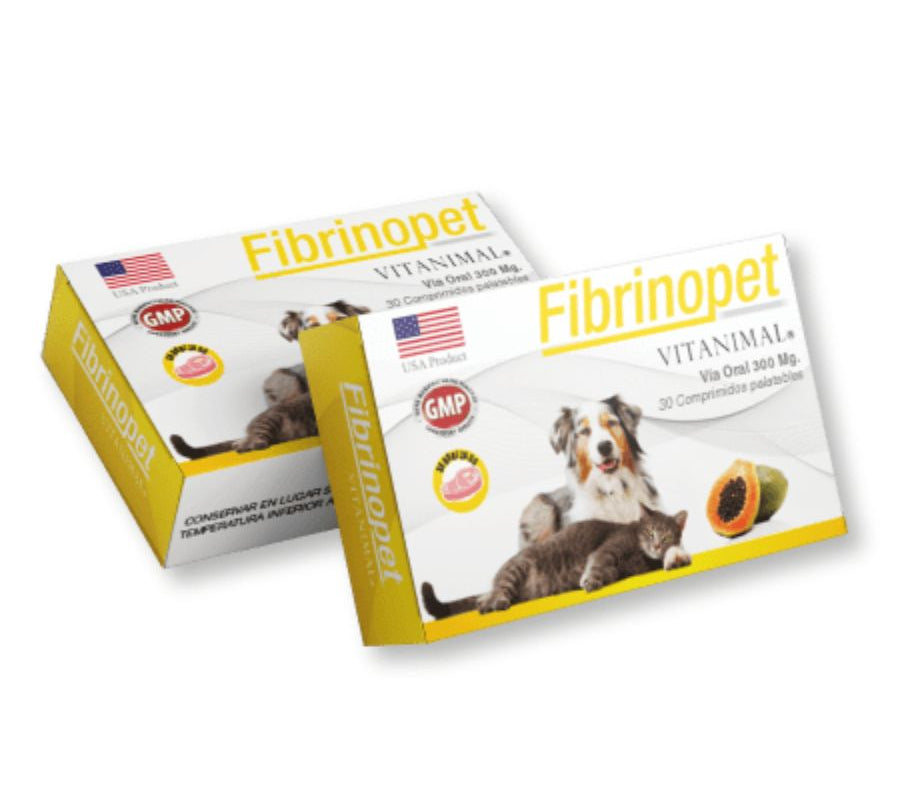 Fibrinopet 300 mg 30 comprimidos, antiinflamatorio natural con extracto de papaya, ideal para reducir edemas y mejorar la recuperación.