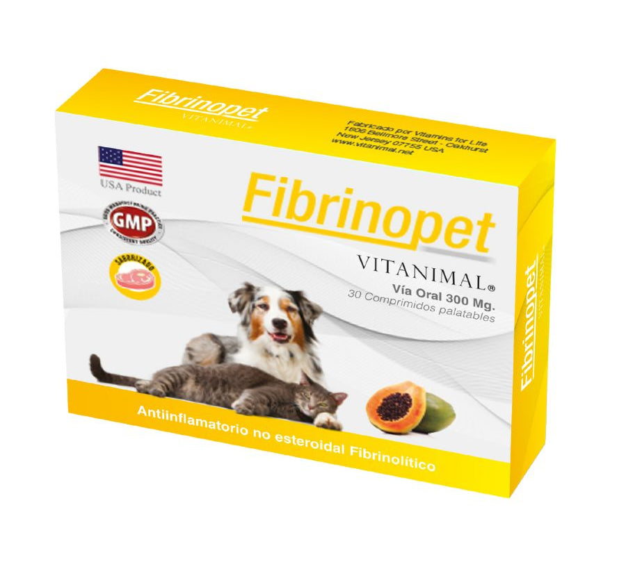 Fibrinopet 300 mg 30 comprimidos, antiinflamatorio natural con extracto de papaya, ideal para reducir edemas y mejorar la recuperación.