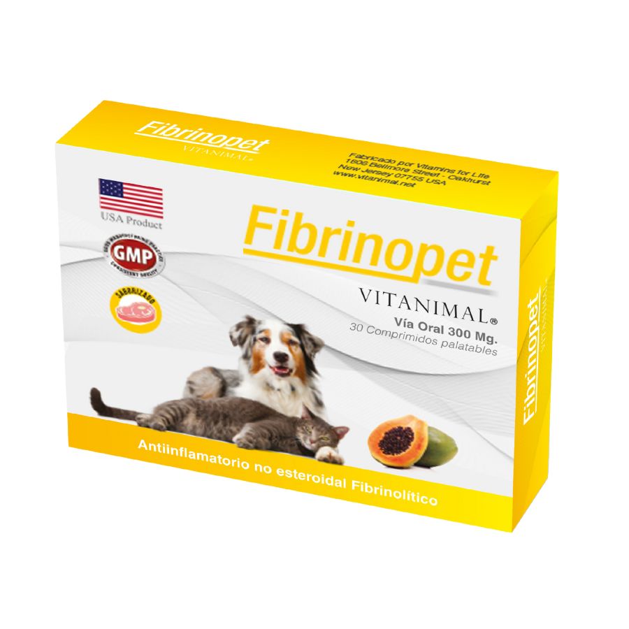 Fibrinopet 300 mg 30 comprimidos, antiinflamatorio natural con extracto de papaya, ideal para reducir edemas y mejorar la recuperación.