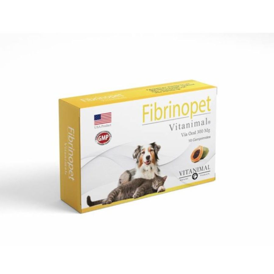 Fibrinopet 300 mg 10 comprimidos, antiinflamatorio natural con extracto de papaya, ideal para reducir edemas y mejorar la recuperación.