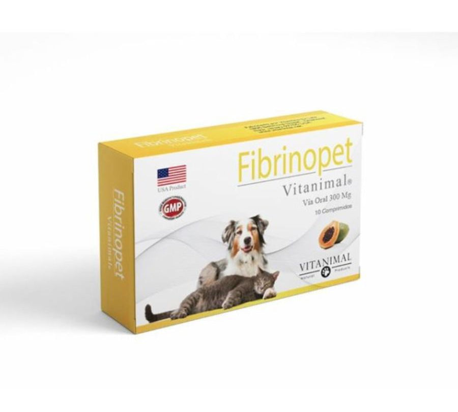 Fibrinopet 300 mg 10 comprimidos, antiinflamatorio natural con extracto de papaya, ideal para reducir edemas y mejorar la recuperación.