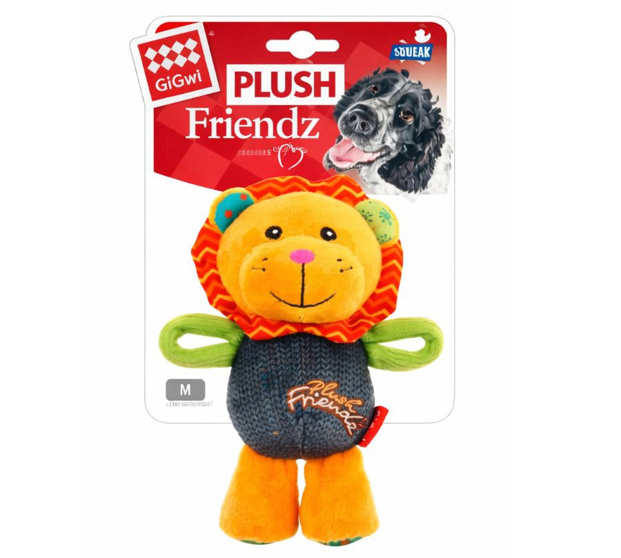 Gigwi Peluche Plush Friendz León Talla M juguete suave con sonido, resistente y seguro. Ideal para morder, jugar y acurrucarse.