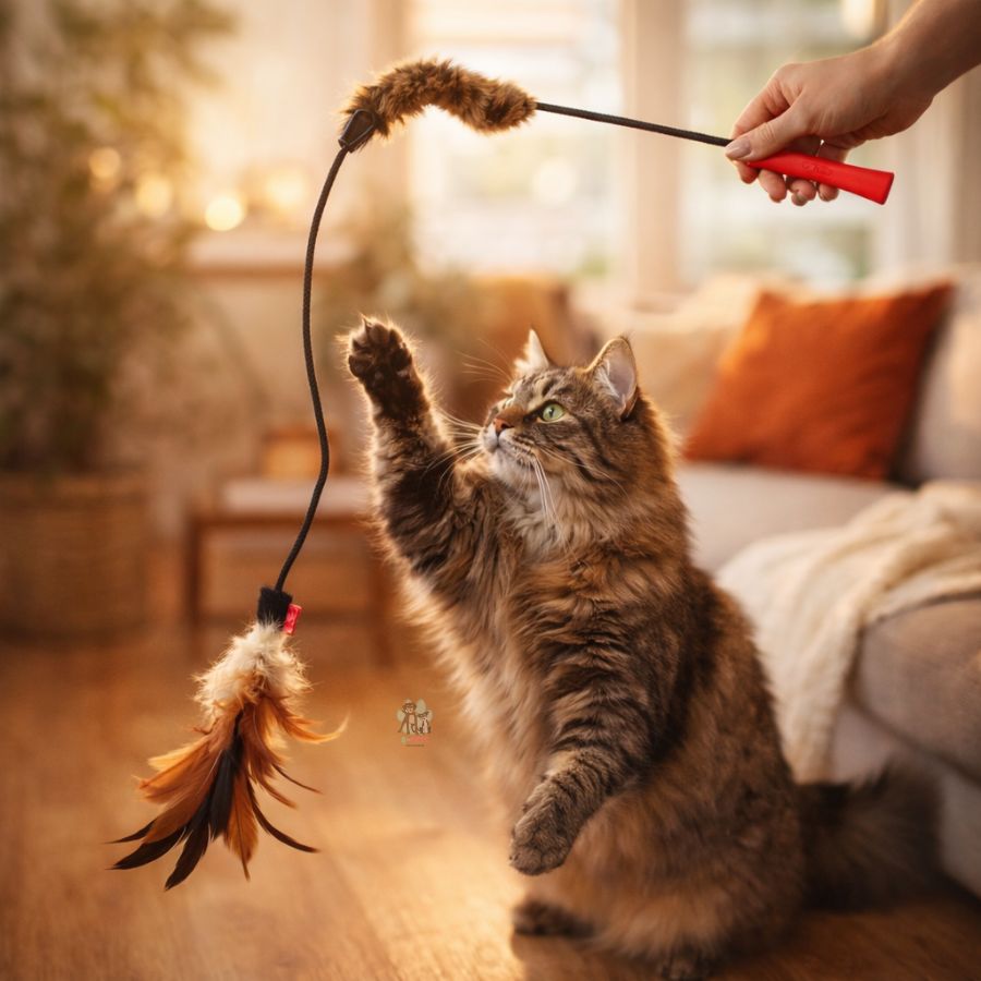 Gigwi Varita Felpa y Plumas para Gatos juguete interactivo que estimula el instinto de caza con plumas naturales y varita flexible para juegos activos.