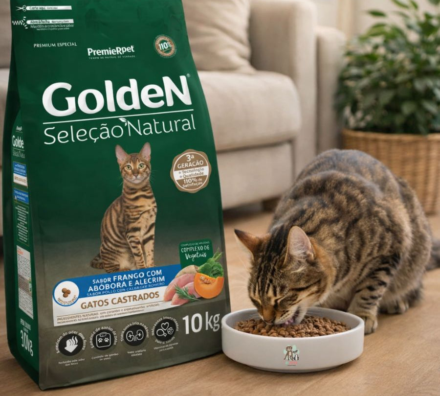 GoldeN Gatos Castrados Pollo y Calabaza 10kg Control de peso, 36,5% proteína y salud urinaria con ingredientes naturales.
