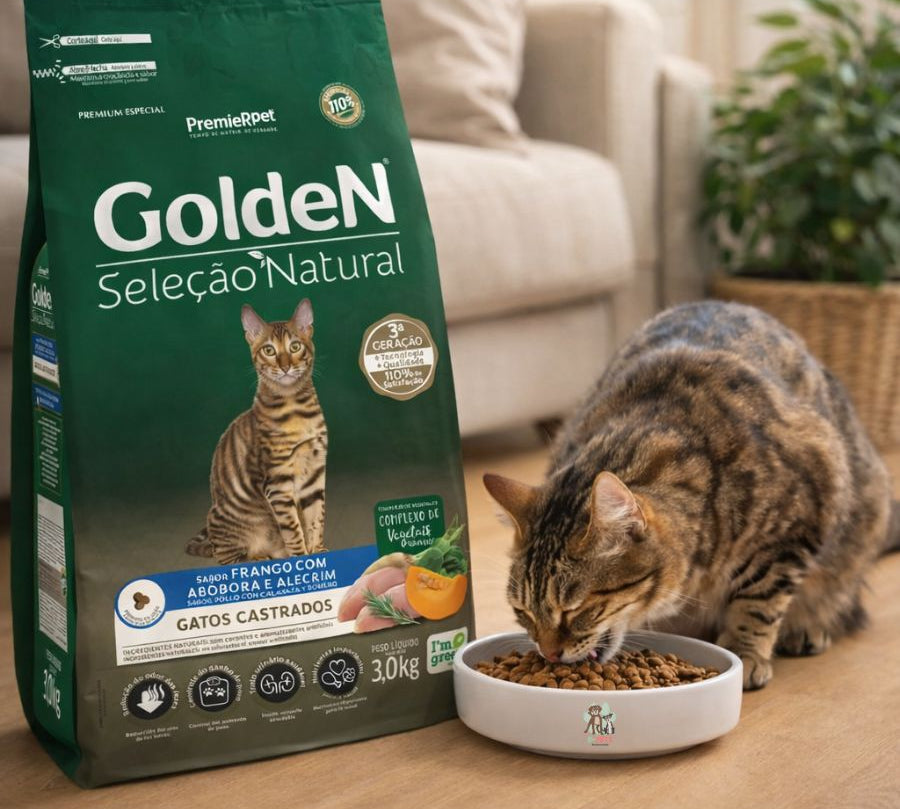 GoldeN Gatos Castrados Pollo y Calabaza 3kg Control de peso, 36,5% proteína y salud urinaria con ingredientes naturales.