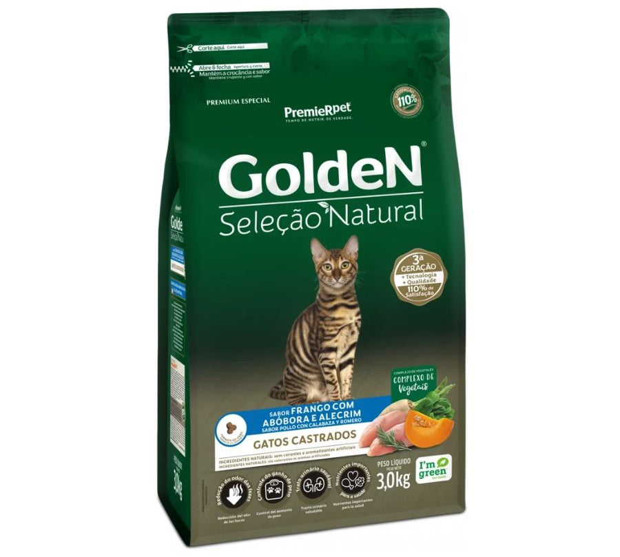 GoldeN Gatos Castrados Pollo y Calabaza 3kg Control de peso, 36,5% proteína y salud urinaria con ingredientes naturales.