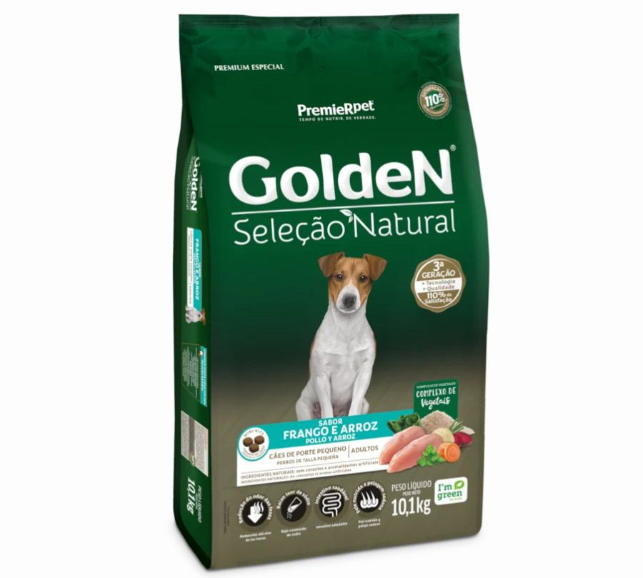 GoldeN Perros Adultos Razas Pequeñas Sabor Pollo y Arroz, alimento natural sin aditivos artificiales, con vegetales y alto valor nutricional.
