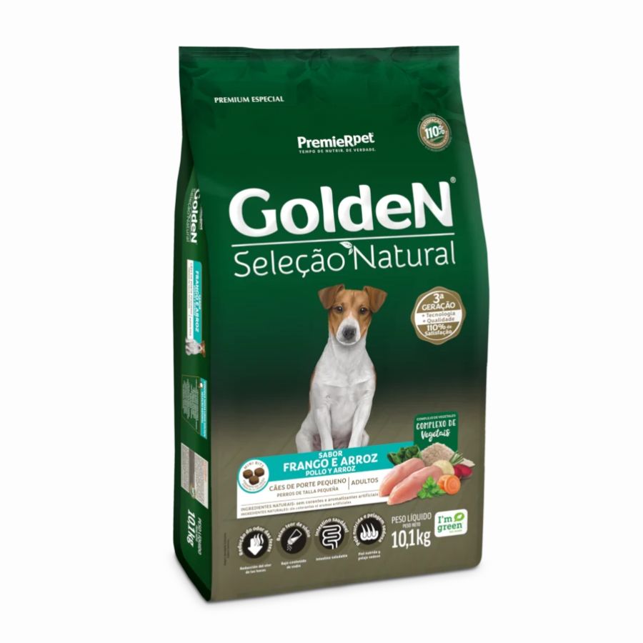 GoldeN Perros Adultos Razas Pequeñas Sabor Pollo y Arroz, alimento natural sin aditivos artificiales, con vegetales y alto valor nutricional.