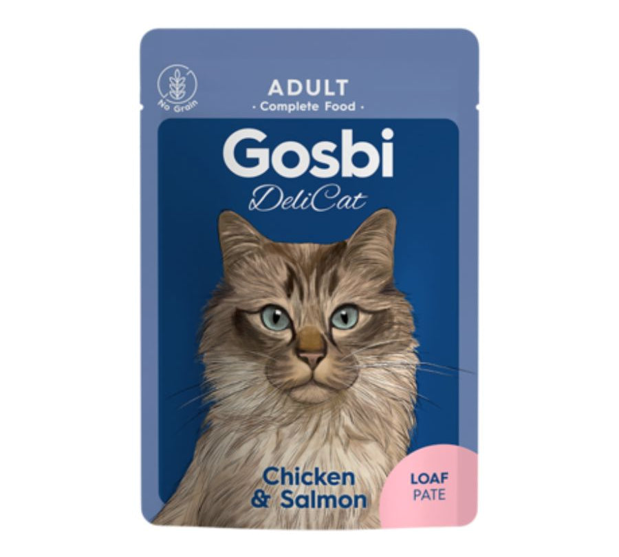 Gosbi Delicat Pollo y Salmón 70g, alimento húmedo completo, natural y sabroso para gatos, con pollo y salmón de alta calidad. B-Pets