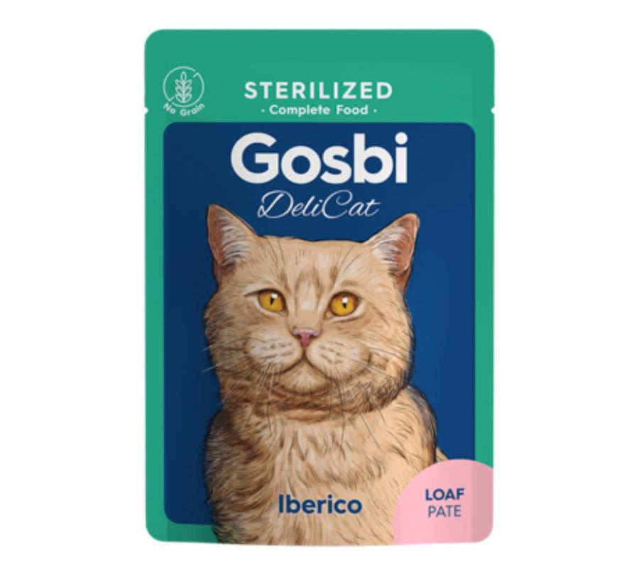 Gosbi Delicat Sterilized Ibérico 70g, alimento húmedo completo para gatos esterilizados, con cerdo ibérico y arándanos para la salud urinaria. B-Pets