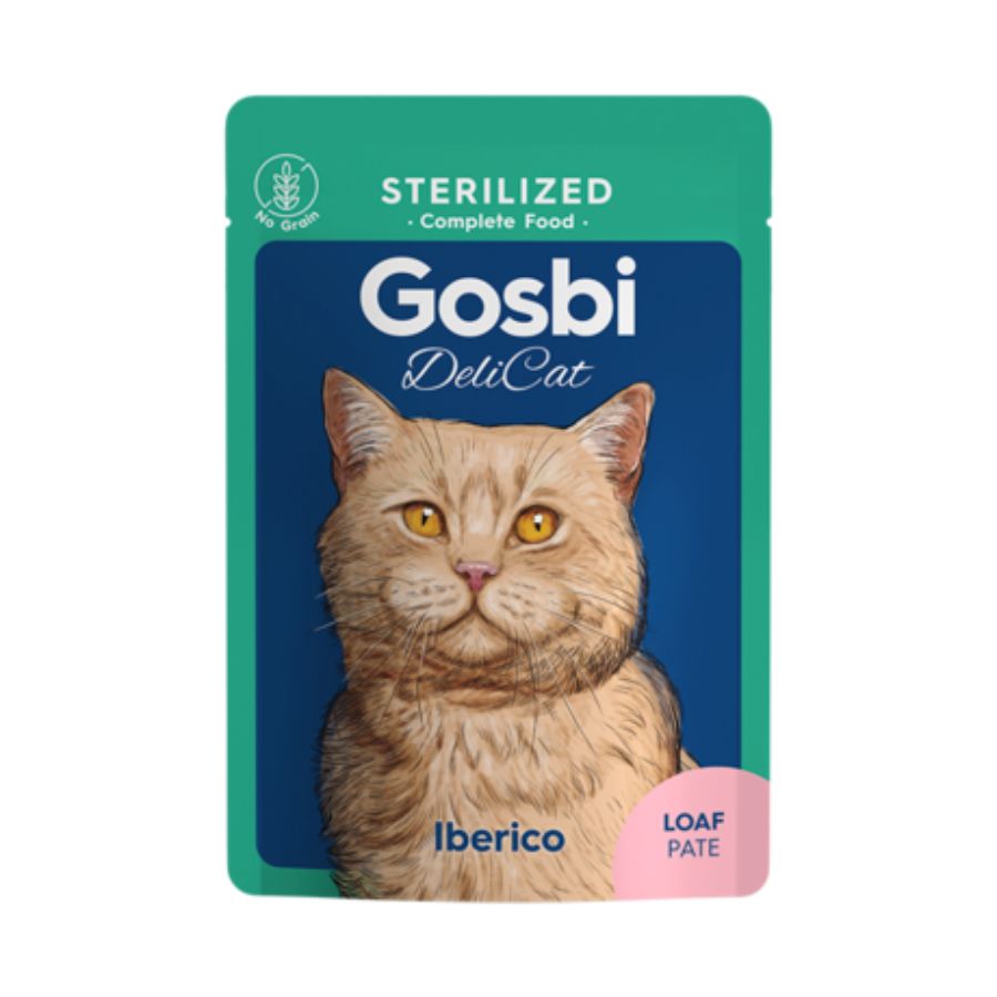 Gosbi Delicat Sterilized Ibérico 70g, alimento húmedo completo para gatos esterilizados, con cerdo ibérico y arándanos para la salud urinaria. B-Pets