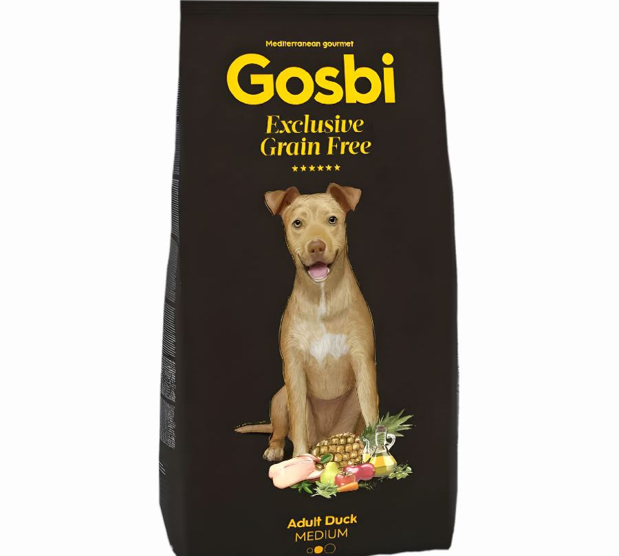 Gosbi Exclusive Grain Free Adult Duck Medium 12 Kg, alimento sin cereales, con pato fresco, hipoalergénico y fácil de digerir para perros medianos.