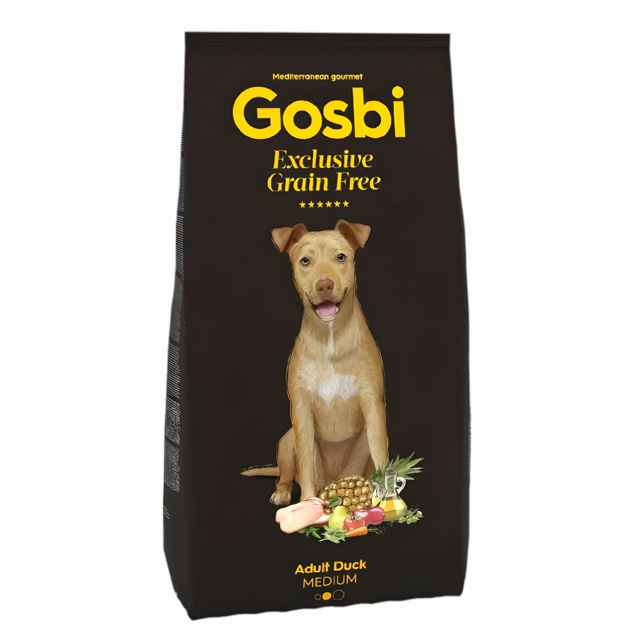 Gosbi Exclusive Grain Free Adult Duck Medium 12 Kg, alimento sin cereales, con pato fresco, hipoalergénico y fácil de digerir para perros medianos.