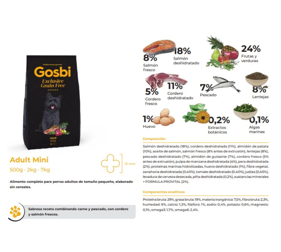 Gosbi Exclusive Grain Free Adult Mini 2kg, con salmón y cordero frescos, sin cereales, ideal para perros pequeños. Alta palatabilidad y fácil digestión.