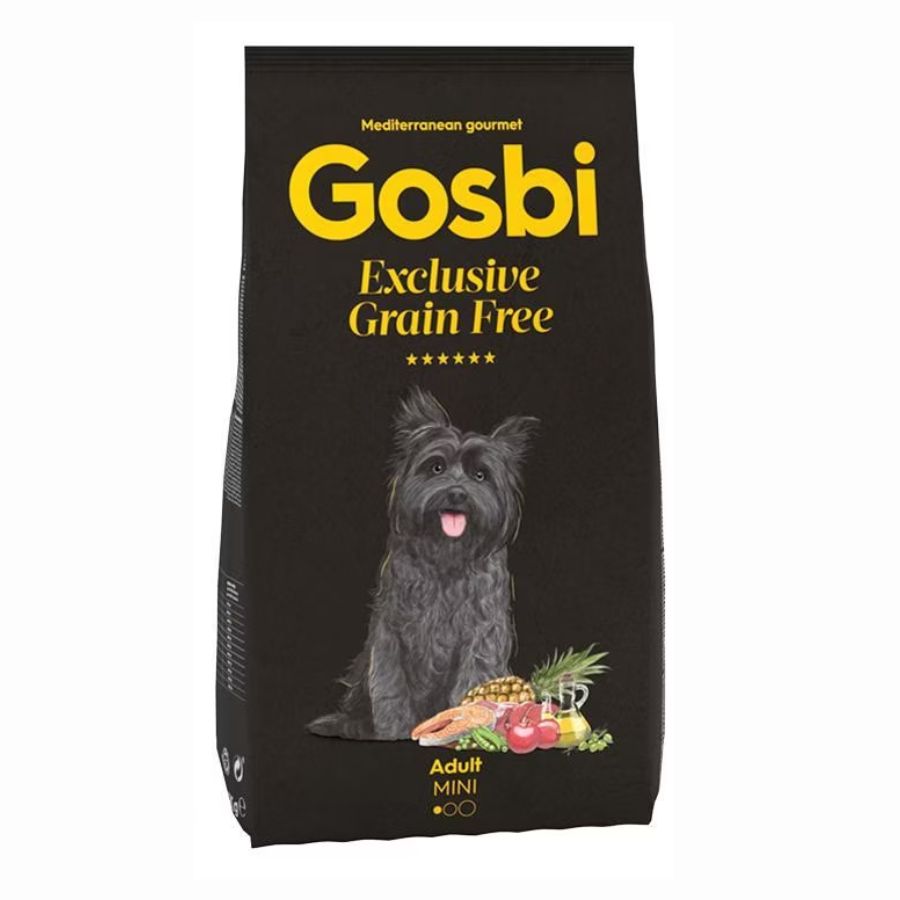 Gosbi Exclusive Grain Free Adult Mini 7kg, con salmón y cordero frescos, sin cereales, ideal para perros pequeños. Alta palatabilidad y fácil digestión.