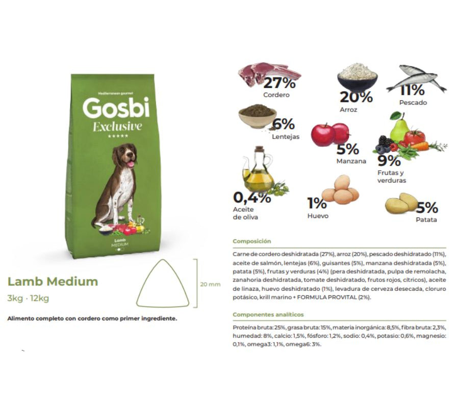 Gosbi Exclusive Lamb Medium 12kg, con cordero como primer ingrediente y alta digestibilidad, ideal para perros adultos con intolerancias. Croqueta mediana sin cereales.