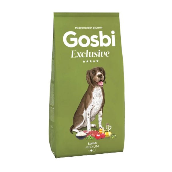 Gosbi Exclusive Lamb Medium 12kg, con cordero como primer ingrediente y alta digestibilidad, ideal para perros adultos con intolerancias. Croqueta mediana sin cereales.