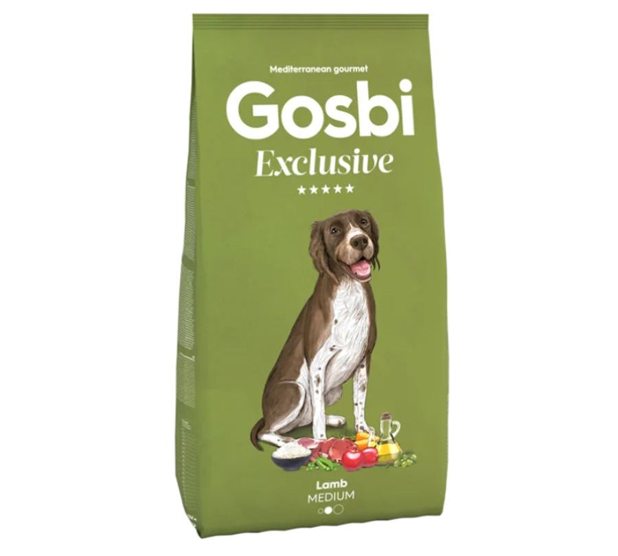 Gosbi Exclusive Lamb Medium, con cordero como primer ingrediente y alta digestibilidad, ideal para perros adultos con intolerancias. Croqueta mediana sin cereales.