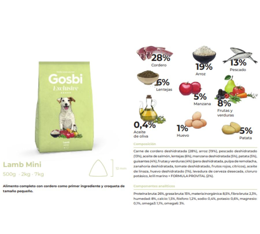 Gosbi Exclusive Lamb Mini 7 Kg, con cordero como ingrediente principal. Alta digestibilidad, sin cereales y con condroprotectores añadidos. B-Pets