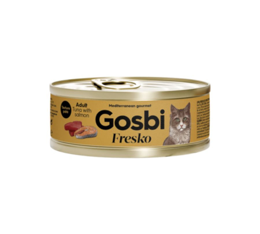 Gosbi Fresko Adulto Atún y Salmón, complemento húmedo natural para gatos adultos. Rico en proteínas, bajo en grasas y con deliciosa textura. B-Pets