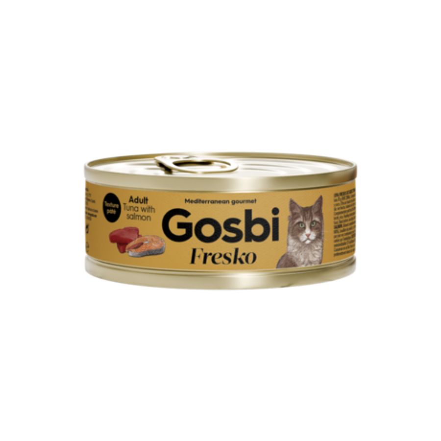 Gosbi Fresko Adulto Atún y Salmón, complemento húmedo natural para gatos adultos. Rico en proteínas, bajo en grasas y con deliciosa textura. B-Pets