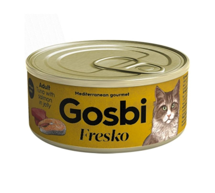 Gosbi Fresko Adulto Atún y Salmón, complemento húmedo natural para gatos adultos. Rico en proteínas, bajo en grasas y con deliciosa textura. B-Pets