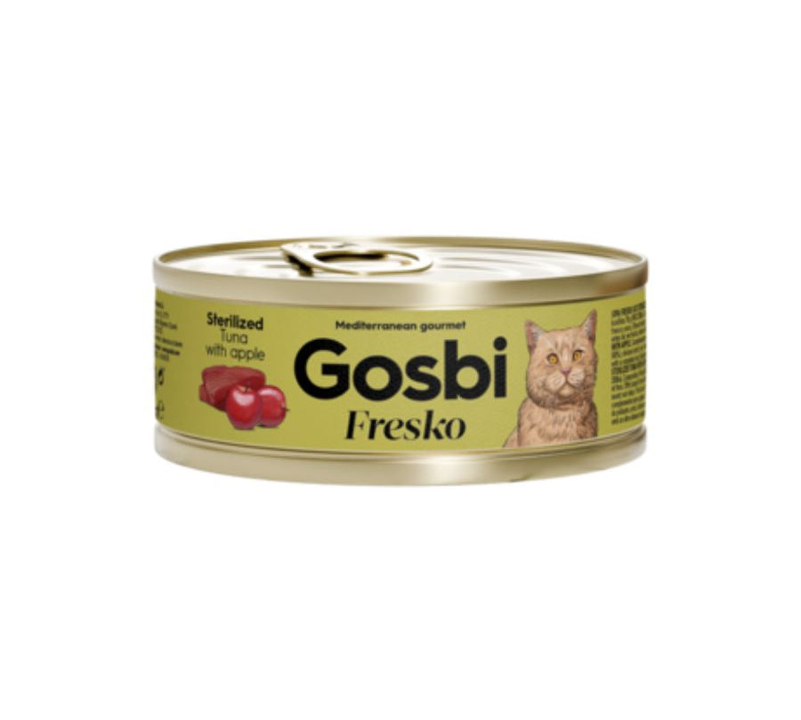 Gosbi Fresko Sterilized Atún y Manzana, alimento húmedo bajo en grasa para gatos esterilizados. Rico en atún y fibra natural, ideal como complemento.